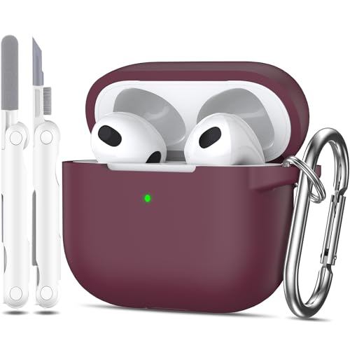 MHYALUDO Kompatibel mit AirPods 3 Generation Hülle 2021, Kompatibel mit AirPods 3 Case Cover, Weicher Silikonschutz Kompatibel mit AirPods 3 Case mit Schlüsselanhänger & Reinigungsset, Weinrot von MHYALUDO