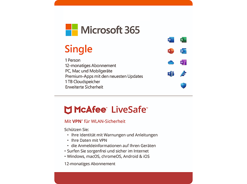 Microsoft 365 Single & McAfee LiveSafe Bundle, 12 Monate für 1 Nutzer (5 Geräte), Download Code - [Multiplattform] von MICROSOFT