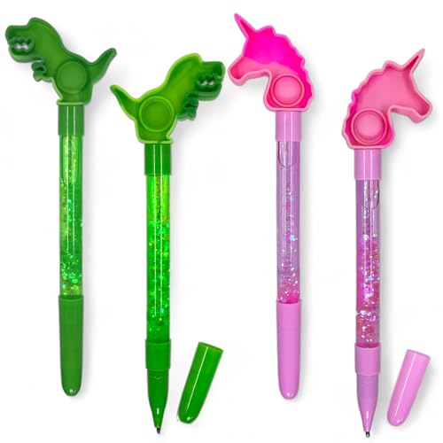 MIJOMA 4er Set Kugelschreiber mit Fidget Pop It Topper – Zauberhaftes Schreibvergnügen, Dinosaurier & Einhorn, Glitzerflüssigkeit, Schwarze Tinte, 20cm (Dinosaurier Einhorn MIx) von MIJOMA