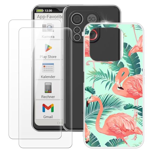 MILEGOO Emporia ME.6 Schutzhülle + 2 Displayschutzfolien aus gehärtetem Glas, ultradünn, stoßfest, weiches TPU-Silikon, Schutzhülle für Emporia ME.6 (16,7 cm) Flamingo von MILEGOO