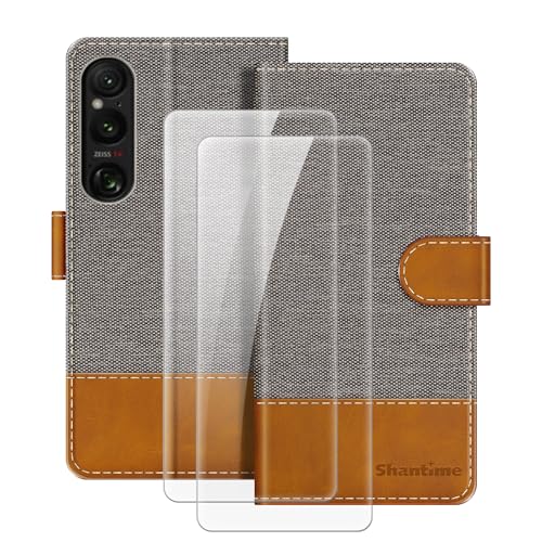 MILEGOO Leder Hülle für Sony Xperia 1 Vi Magnetische Handyhülle mit Brieftasche und Kartenfach + [2 Pack] Panzerglas Schutzfolie für Sony Xperia 1 IIIIII Grau von MILEGOO