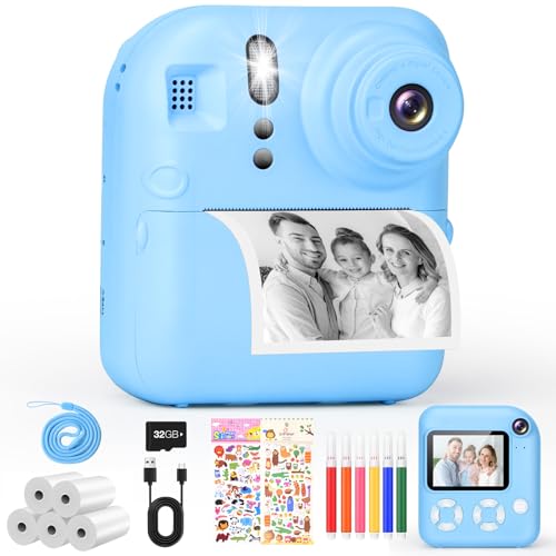 MILFECH Sofortbildkamera Kinderkamera, 2.4 Zoll 1080P DigitalKamera Fotokamera mit 32G Karte, Druckpapier, Aufklebern&Farbigen Stiften, Kamera Kinder Sofortdruck,Geschenk für Kinder 3-12 Jahren(Blau) von MILFECH