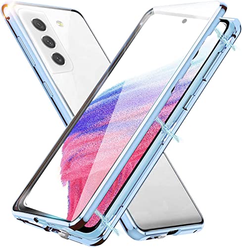 MIMGOAL Hülle für Samsung Galaxy S21 FE 5G Schutzhülle,360 Grad Ganzkörper Case Magnetische Adsorption Stoßfest Metall Bumper mit Vorder- und Rückseite Transparent Gehärtetes Glas Abdeckung,Blau von MIMGOAL