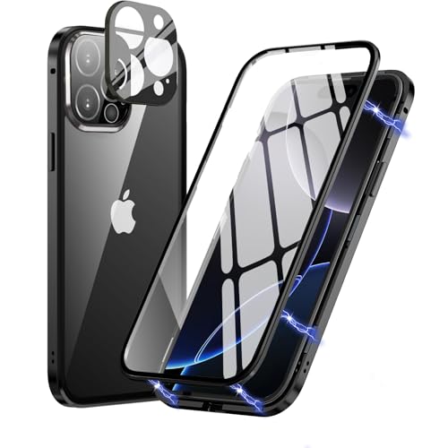 MIMGOAL Hülle für iPhone 16 Pro Hülle,Magnetische Adsorption Metallrahmen 360 Grad Full Body Handyhülle Vorne hinten Gehärtetes Glas Schutzhülle Einteiliges Dünn Flip Transparente Cover, Schwarz von MIMGOAL