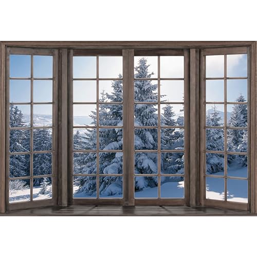 MIRRORANG 2,7x1,8m Winterlandschaft Hintergrund Fensteransicht Weihnachten Schnee Bäume Landschaft Fotografie Hintergrund Baby Kinder Party Dekorationen Porträt Kuchen Tisch Banner, Vinyl von MIRRORANG