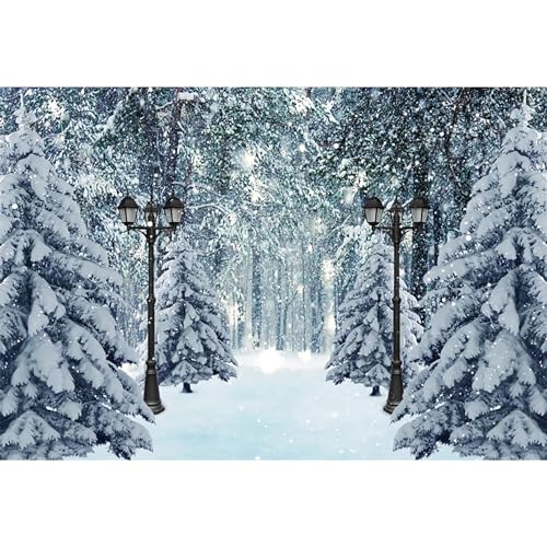 MIRRORANG 4,5x3m Winter Scenery Backdrops Weihnachten Wald Weg Straßenlaterne Wunderland Falling Snowflake Snow Covered Tree Party Fotografie Hintergründe Banner Dekorationen, Vinyl von MIRRORANG