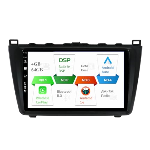 MISONDA Android 14 Autoradio Passt Für Mazda 6 GH 2007-2012 - [4G+64G] - Eingebaut DSP/Carplay/Android Auto - Kamera+ MIC-Lenkradsteuerung RDS WiFi BT DAB Fast-Boot 360-Kamera- 9 Zoll IPS 2 Din von MISONDA