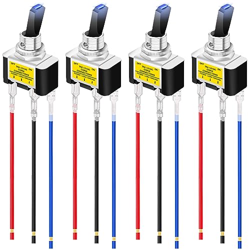 MKBKLLJY 4St. Beleuchteter Kippschalter DC 12V 30A SPST 3Pin Ein Aus Blauer LED-Schalter für Auto, Boot, Wohnmobil mit verriegelten Anschlussdrähten von MKBKLLJY