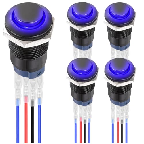 MKBKLLJY 5St. 12mm einrastende blaue LED-Taster mit schwarzem Gehäuse und Vorverdrahtung IP65 wasserdichter selbstsperrender Drucktastenschalter SPST 2Position ON OFF mit Anschlussdrähten für Auto von MKBKLLJY