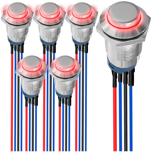 MKBKLLJY 6St. 12mm Momentary Red LED Push Button Switch Sliver Shell DC 12V 3A 4Pin 1NO SPST IP65 Waterproof Round Metal Switch Stainless Steel Button with Pre-Wiring for Automotive Car Marine Boat von MKBKLLJY