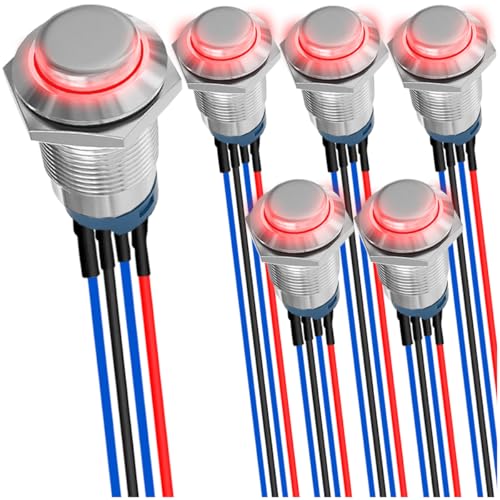 MKBKLLJY 6St. 12mm einrastende rote LED Druckknopf DC 12V 3A Sliver Shell 1NO1Normal SPST IP65 Wasserdicht Selbstverriegelnder Runder Metallschalter Edelstahlknopf mit Vorverkabelung für Auto Boot von MKBKLLJY