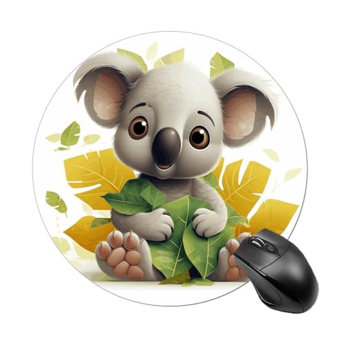 MKLYR Rundes Mauspad, Koala mit Blättern bedruckt, niedliches Mauspad mit Design, mit rutschfester Gummiunterseite, für Computer, Laptop, Heimbüro, 20 x 20 cm von MKLYR