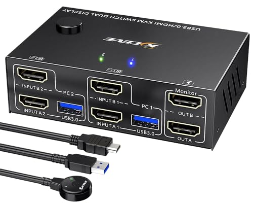 USB 3.0 HDMI KVM Switch 2 PC 2 Monitore 4K@60Hz 2K@144Hz, Simulation EDID, MLEEDA 2 PC 2 Monitor Switch mit 4 USB 3.0 Ports für Tastatur Maus, Kabelfernbedienung und Kabel Inbegriffen von MLEEDA