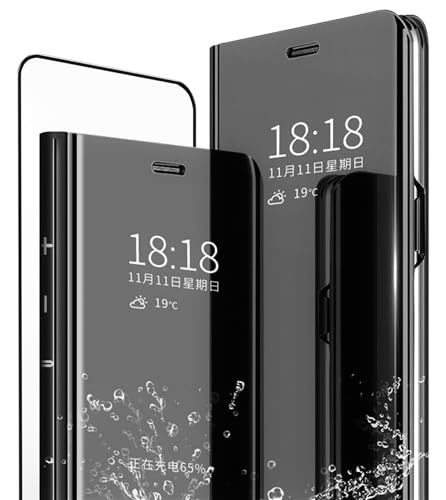 MLOTECH Huawei P20 Lite 2018 Hülle + Panzerglas Schutzfolie Flip Transparent Spiegel Standfunktion Smart Cover Schwarz von MLOTECH