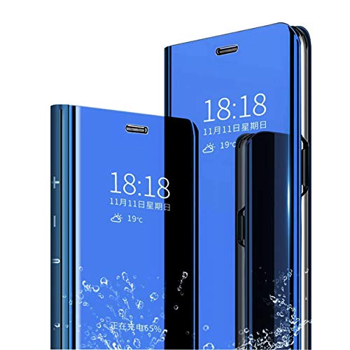 MLOTECH Kompatibel mit Huawei P Smart Z Hülle,Cover + Gehärtetes Glas schutzfolie Flip Transluzent View Miroir Handyhülle Anti-Schock Spiegel Standfunktion Schutzhülle Himmelblau von MLOTECH