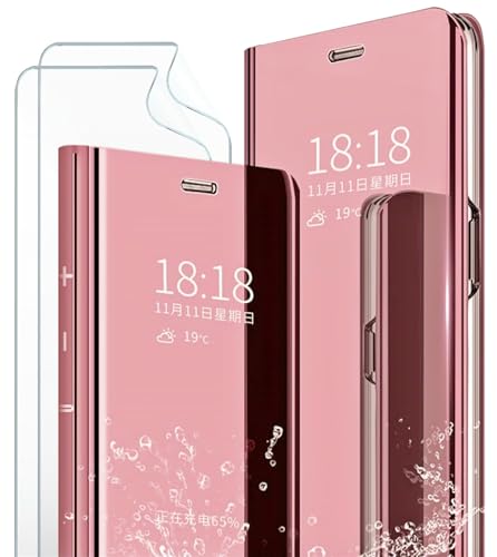 MLOTECH Kompatibel mit Samsung Galaxy S10 Plus 4G Hülle,Handyhülle + Schutzfolie[2 Stück] Flip Transluzent View Miroir Anti-Schock Spiegel Standfunktion Schutzhülle Roségold von MLOTECH