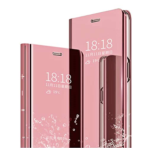 MLOTECH Schutzhülle für Huawei P Smart Z, Schutzhülle + Hartglas, Flip Clear View transparent, Spiegel, Standing 360 °, stoßfest, Smart Cover, Bumper Roségold von MLOTECH