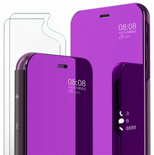 MLOTECH Schutzhülle für Samsung S10, Cover + Displayschutzfolie [2 Stück] Flip Clear View transparent, Spiegel, Standing 360 °, stoßfest, Smart Cover, Bumper Blau Violett von MLOTECH