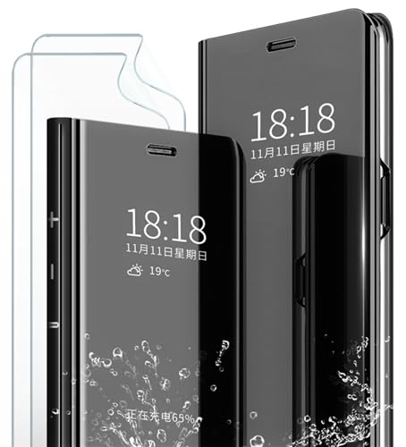 MLOTECH Schutzhülle für Samsung S9, Flip Clear View, transparent, Spiegel-Cover + Hartglas, Displayschutzfolie, Standing 360°, stoßfest, Smart Cover, Schwarz von MLOTECH