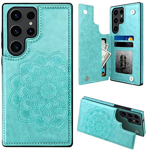 MMHUO Für Samsung S23 Ultra Hülle mit Kartenhalter, Blume, magnetische Rückseite, Klapphülle für Samsung Galaxy S23 Ultra Wallet Case für Damen, Schutzhülle für Samsung Galaxy S23 Ultra 5G, Minze von MMHUO