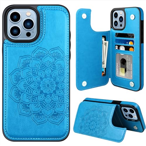 MMHUO Schutzhülle für iPhone 13 Pro Max mit Kartenhalter, Blume, magnetische Knöpfe, Klapphülle für iPhone 13 Pro Max, Brieftaschen-Schutzhülle für iPhone 13 Pro Max, Blau von MMHUO