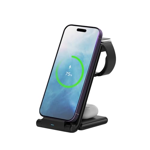 MMOBIEL Wireless Ladestation Kompatibel mit iPhone, Apple Watch und AirPods - Faltbare 3-in-1 Wireless Charger Kompatibel mit Qi Magsafe Charging – Induktives Ladegerät für Phone – Schwarz von MMOBIEL