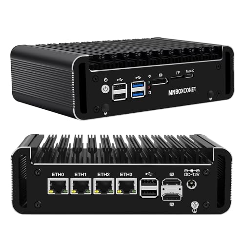 MNBOXCONET Mini PC N150 Firewall Lüfterlos, DDR5 32GB RAM 2TB SSD Micro Desktop Computer 4 x 2.5GbE i226V LAN, 2 x SATA3.0 Quad Display Hardware Appliance Type-C, 2HD, DP, Windows 11 Pro von MNBOXCONET