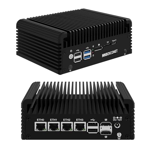 MNBOXCONET N150 Mini PC Firewall Lüfterlos, 2 x SATA3.0 DDR5 Barebone Micro Desktop Computer 4 x 2.5GbE i226V LAN, Quad Display Router Hardware Appliance Type-C, 2HD, DP, OPNsense von MNBOXCONET