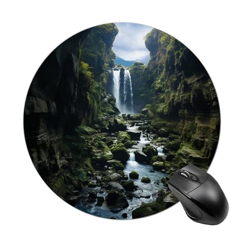 Rundes Mauspad, Wasserfall-Klippen-Druck, Anime-Mauspad, Gaming-Mauspad, vielseitiges Universal-Mauspad von MNBVKL