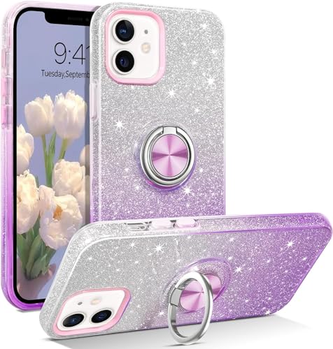 MOBISTAR® Bling Glitter Case for iPhone 12 / iPhone 12 Pro - 6.1'' - Sparkly Slim with 360° Ring Holder Kickstand Support Magnetic Car Mount Protective Cover (Purple) von MOBISTAR