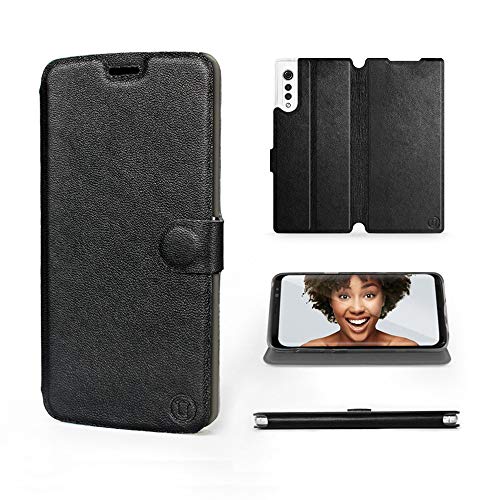 MOBIWEAR | Echt Lederhülle | Kompatibel mit LG Velvet, Made in EU handyhülle, Slim Leather Case, Premium Flip Schutzhülle, Transparent TPU Silicon, Book Style, Tasche - Schwarzes Leder von MOBIWEAR