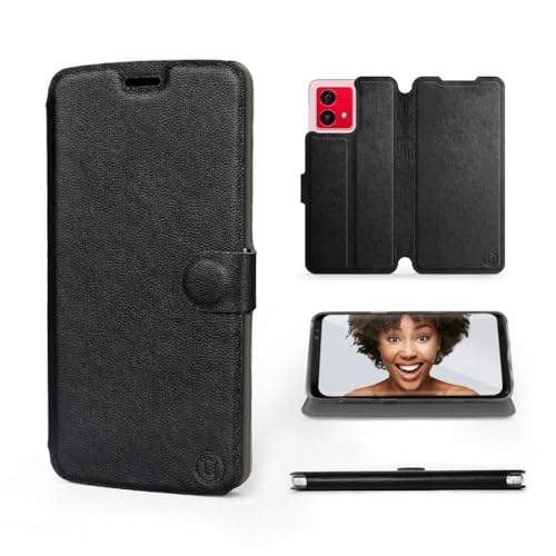 MOBIWEAR | Echt Lederhülle | Kompatibel mit Motorola Moto G84, Made in EU handyhülle, Slim Leather Case, Premium Flip Schutzhülle, Transparent TPU Silicon, Book Style, Tasche - Black Leather von MOBIWEAR