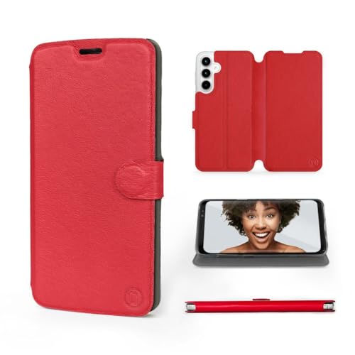 MOBIWEAR | Echt Lederhülle | Kompatibel mit Samsung Galaxy A05s, Made in EU handyhülle, Slim Leather Case, Premium Flip Schutzhülle, Transparent TPU Silicon, Book Style, Tasche - Red Leather von MOBIWEAR