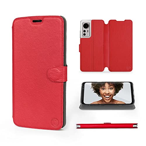 MOBIWEAR | Echt Lederhülle | Kompatibel mit Xiaomi 12, Made in EU handyhülle, Slim Leather Case, Premium Flip Schutzhülle, Transparent TPU Silicon, Book Style, Tasche - Rotes Leder von MOBIWEAR