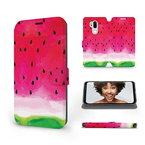 MOBIWEAR | Slim FLIP Case | Kompatibel mit LG G7 ThinQ, Made in EU handyhülle, Premium Schutzhülle, Transparent TPU Silicon, Book Style Hülle, Tasche - Wassermelone-Regen von MOBIWEAR