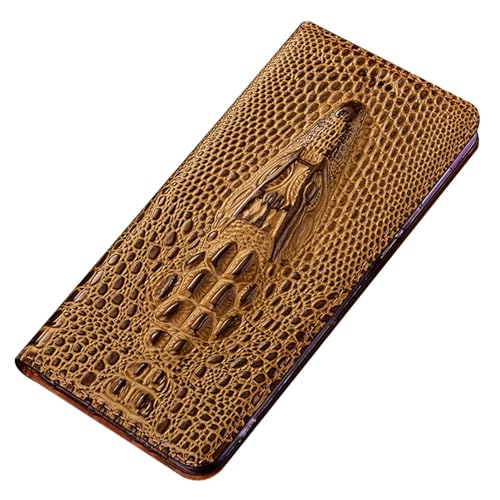 MOHDHAF-Hülle für iPhone 15 Pro Max/15 Plus/15 Pro/15-3D Krokodilkopf Echtleder Handyhülle Kartenschlitz Klappetui(Khaki, 15Pro) von MOHDHAF