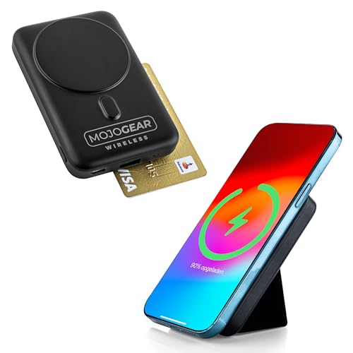 MOJOGEAR Kabellose Magnetisches Ladegerät-Powerbank 10.000 mAh – Magnetisch und kabellos für Android und iPhone – Mit Ständer – Schwarz von MOJOGEAR