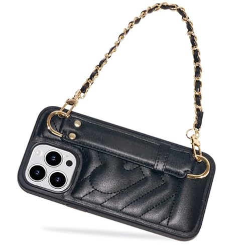 MOLANLAN Lederhülle für iPhone 15Pro Max/15 Pro/15, Armband-Stützfunktion, Schutzhülle, stoßfest, für Damen und Mädchen (für iPhone 15Pro Max, Schwarz) von MOLANLAN