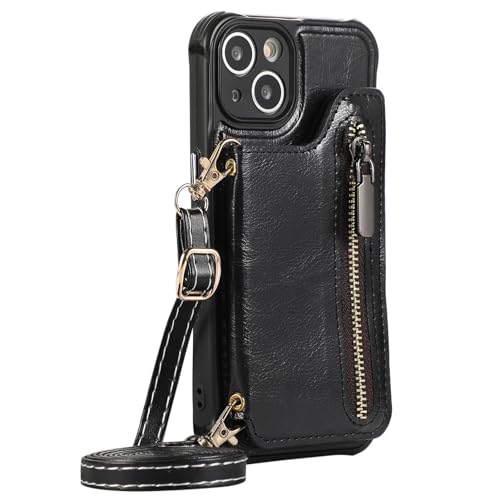 MOLANLAN Schutzhülle für iPhone 15Pro Max/15 Pro/15 Plus/15, Premium-PU-Leder, Brieftaschen-Schutzhülle mit Umhängeband zum Umhängen, Ständer und Kartenschlitzen (15 Plus, Schwarz) von MOLANLAN