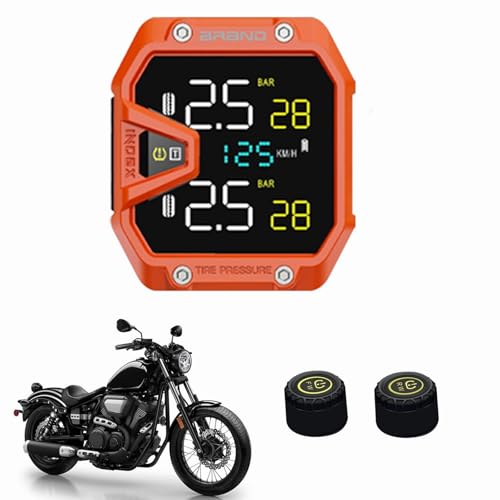 MOMOTOU Reifendrucksensoren 9V-30V Wireless Motorrad TPMS 6 Alarm Modi Reifendrucküberwachungssystem Externer Sensor für Motorrad Scooter elektrisch angetriebenes Fahrzeug (Orange) von MOMOTOU