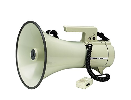 MONACOR TM-35 Megafon mit Hand-Mikrofon und schaltbarer Sirene, 35 Watt Megaphon mit Sprech-Feststelltaste, Schultergurt, Kfz-Anschlusskabel und Tragegriff, in Beige von MONACOR