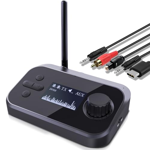 Bluetooth Sender Empfänger, Bluetooth Audio Adapter für TV Stereoanlage Laptop Kopfhörer Lautsprecher, Aux Bluetooth Adapter mit Display Dual Link, Unterstützt Optical RCA AUX 3,5 mm TF-Karte von MONODEAL