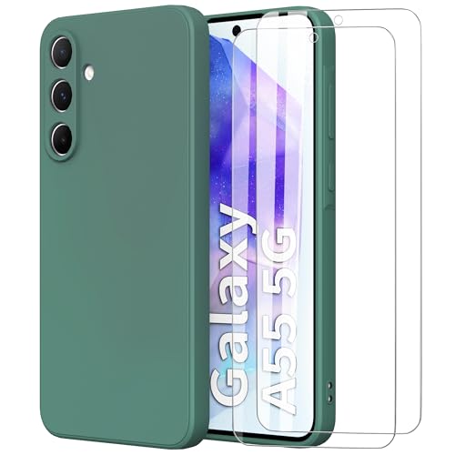 MOONESS Hülle kompatibel mit Samsung Galaxy A55 5G 6,6 Zoll,Handyhülle für Samsung Galaxy A55 5G mit 2 Stück Schutzfolie,Liquid Silikon TPU Schutzhülle Dünn Backcover - Dunkelgrün von MOONESS