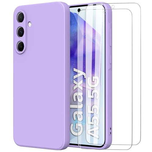 MOONESS Hülle kompatibel mit Samsung Galaxy A55 5G 6,6 Zoll,Handyhülle für Samsung Galaxy A55 5G mit 2 Stück Schutzfolie,Liquid Silikon TPU Schutzhülle Dünn Backcover - Lila von MOONESS