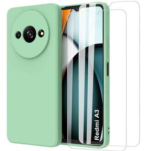 MOONESS Hülle kompatibel mit Xiaomi Redmi A3 4G 6,71 Zoll,Handyhülle für Xiaomi Redmi A3 4G mit 2 Stück Schutzfolie,Liquid Silikon TPU Schutzhülle Dünn Backcover - Grün von MOONESS