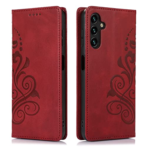 MOONESS Schutzhülle für Samsung Galaxy A14 4G / 5G (6,6 Zoll) Hülle Leder,Handyhülle für Samsung Galaxy A14 4G / 5G,Magnetisch Prägung PU Leder Tasche Case für Samsung Galaxy A14 4G / 5G - Rot von MOONESS