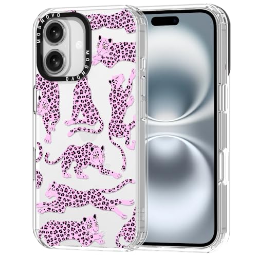 MOSNOVO Hülle für iPhone 16 – Durchsichtige, schlanke, stoßfeste TPU+PC-Handyhülle, [6,6 Fuß Fallschutz/Anti-Abziehen] - Rosa Leopard von MOSNOVO