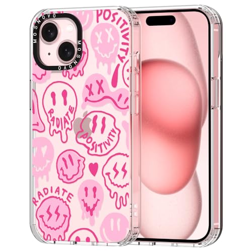 MOSNOVO für iPhone 15 Plus Hülle – Durchsichtige, schlanke, stoßfeste TPU+PC-Handyhülle, [6,6 Fuß Fallschutz/Anti-Abziehen] - Rosa tropfendes Lächel-Gesicht mit positiver Ausstrahlung von MOSNOVO