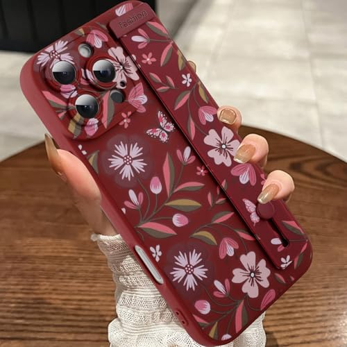 MOWIME Floral für iPhone 16 Pro Hülle mit Handschlaufe, Blume Schmetterling Design Stoßfest Weich TPU Schutzhülle Frauen Mädchen, Slim Anti-Kratzer Hülle für iPhone 16 Pro 6,3 Zoll, Weinrot von MOWIME