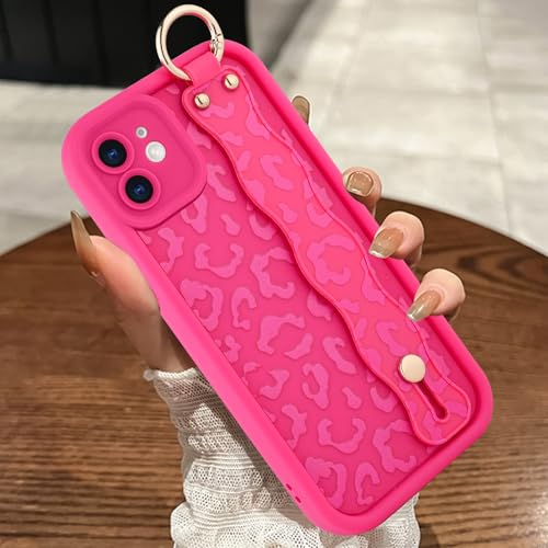 MOWIME Kompatibel mit iPhone 12 Hülle mit Handschlaufe, [Upgraded] Verstellbares Armband Kickstand Hülle für Frauen Mädchen Gepardendruck Stoßfest Silikon Schutzhülle 6,1 Zoll, Hot Pink von MOWIME